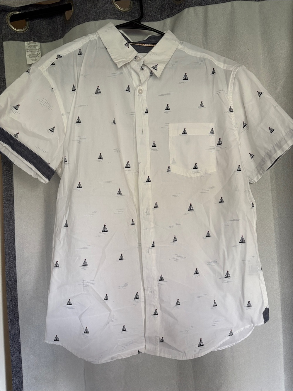Boys White Short-Sleeve Button-Down Shirt with Navy Sailboat Print